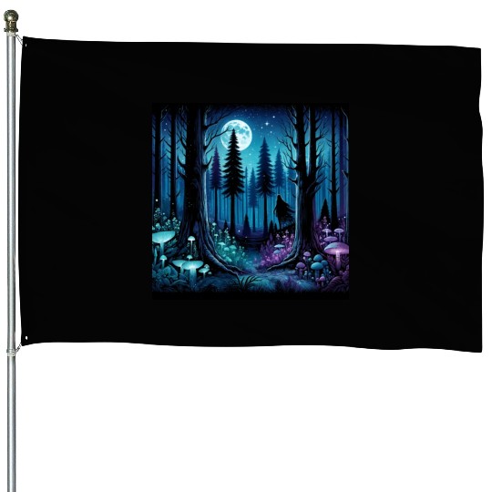 Mystic Moonlit Enchanted Forest House Flags