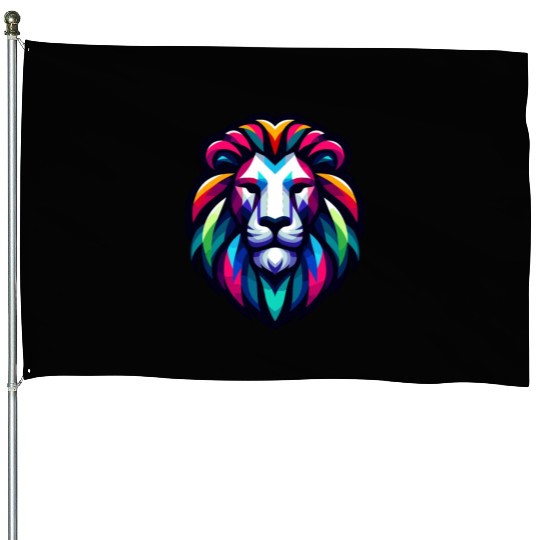 Vibrant Spectrum Lion - Abstract Wildlife Majesty House Flags