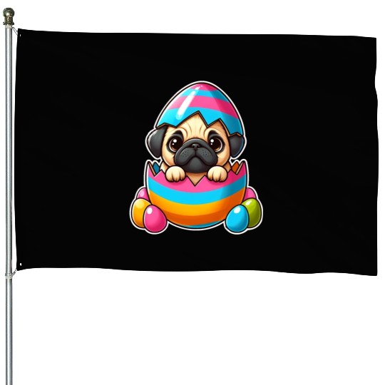 Easter pug hatches from colorful Easter eggs House Flags