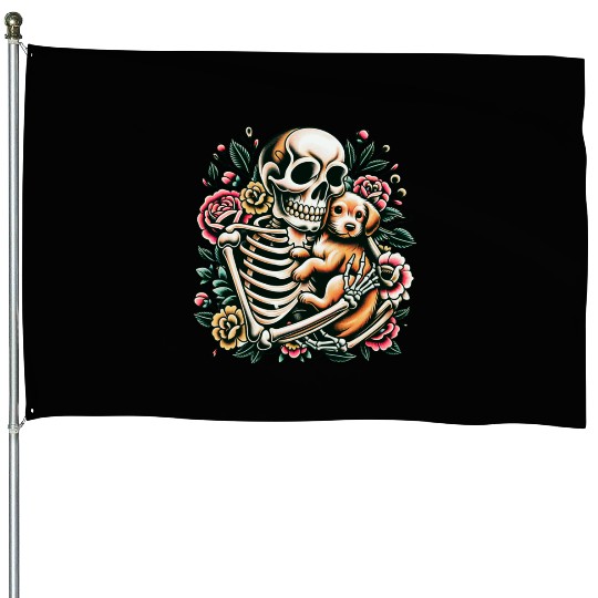 Skeleton Cute Puppy Dog Floral Old School Vintage House Flags