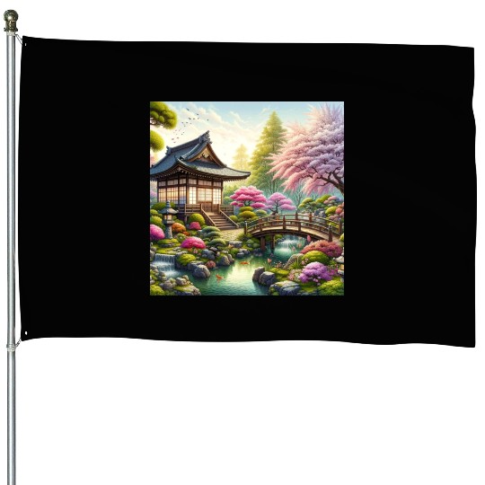 Spring Serenity in Japanese Garden House Flags