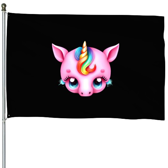 Pink Baby Rainbow Unicorn Head House Flags