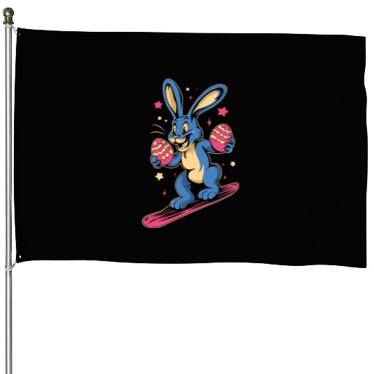 Easter Bunny on a snowboard with Easter eggs House Flags