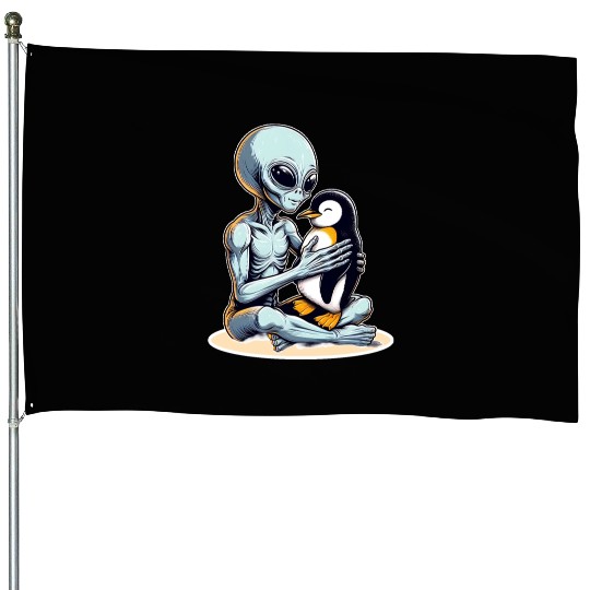 Alien Embracing Penguin House Flags