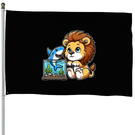 Lion in Aquarium: Fish & Shark House Flags