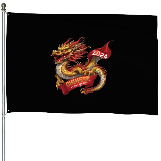 Chinese New Year Dragon: Red Gold Grey White House Flags