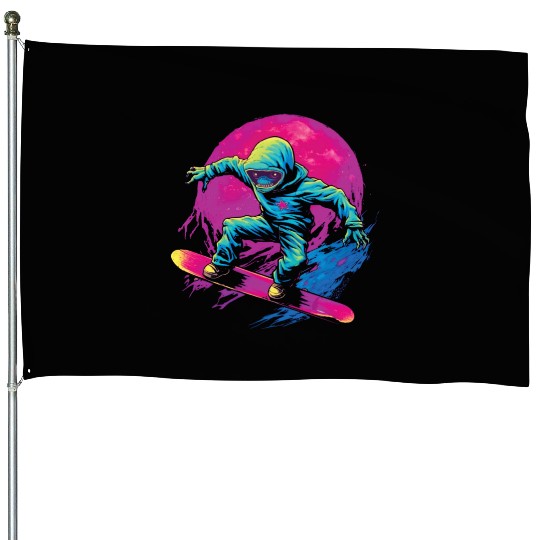 Cosmic Skateboarder - Alien Grinds the Cosmos House Flags
