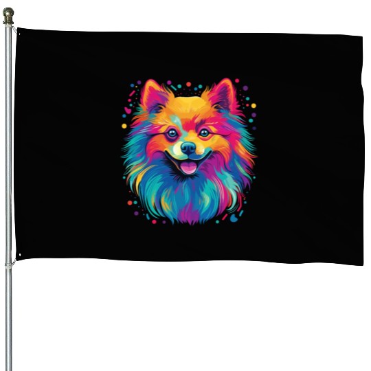 Watercolor Colorful Pomeranian House Flags