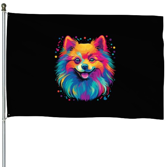 Watercolor Colorful Pomeranian House Flags