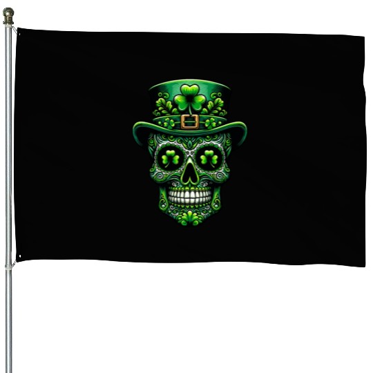 St Patricks Day Irish Sugar Skull Day Of Dead House Flags