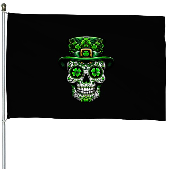 St Patricks Day Irish Sugar Skull Day Of Dead House Flags