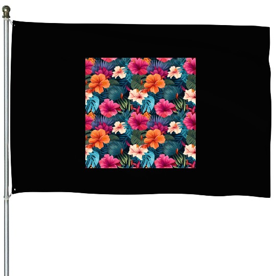 Exotic Hibiscus Botanical Pattern House Flags