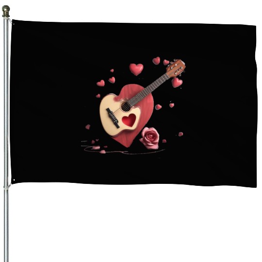 Melodic Affection: Heart Strumming Guitar Apparel House Flags