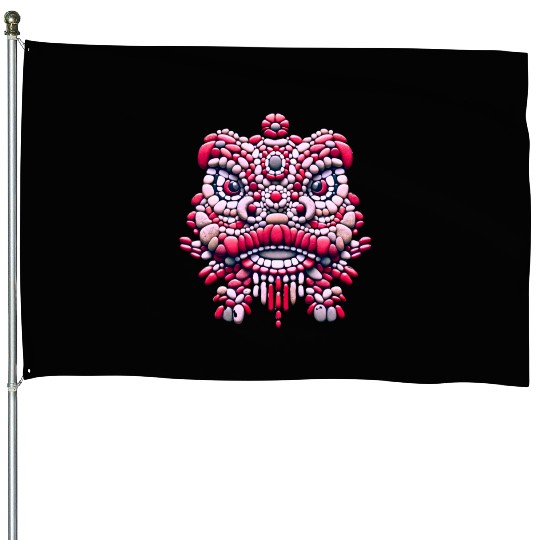 Chinese New Year - Pink Peony Lion Dance Mask House Flags