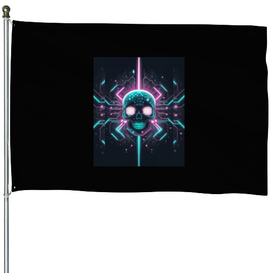 Retro neon cyberpunk pixelated skull House Flags