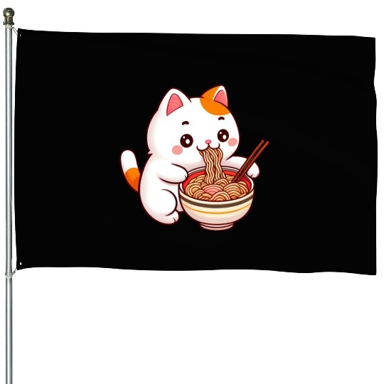 Cute Cat Eating Ramen House Flags