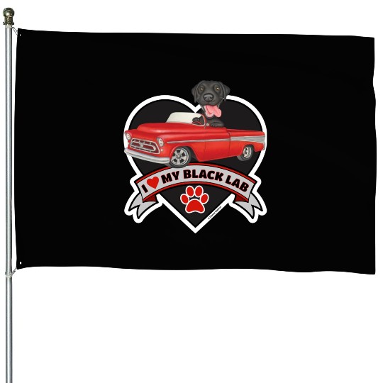 Cute black lab in classic truck inside a heart House Flags