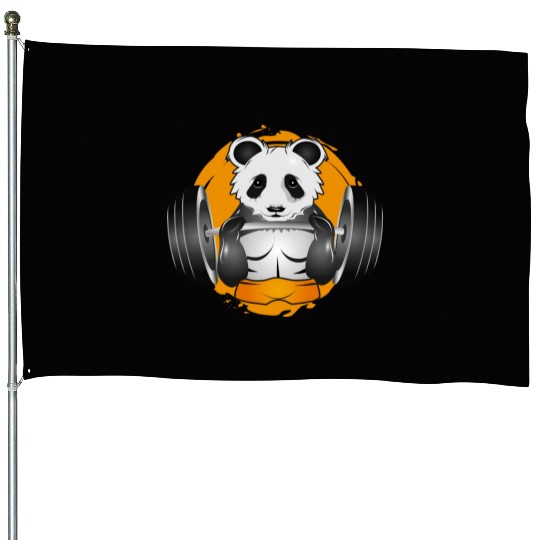 Bodybuilder panda bear with barbell in the gym House Flags