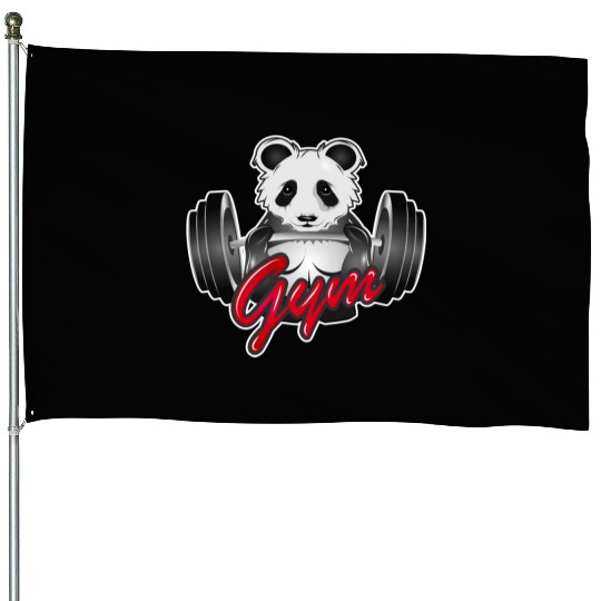 Bodybuilder panda bear with barbell in the gym House Flags