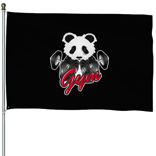 Bodybuilder panda bear with barbell in gym House Flags