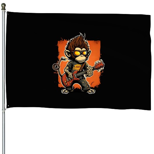 Monkey Chimpanzee Playing Acousitc Rock Guitar House Flags