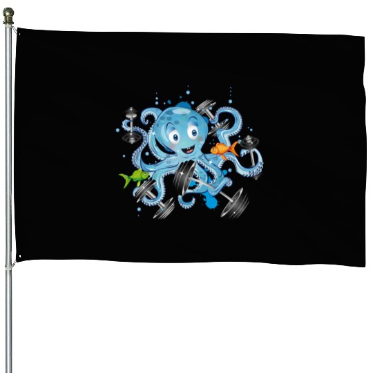 Bodybuilder octopus with dumbbells training House Flags