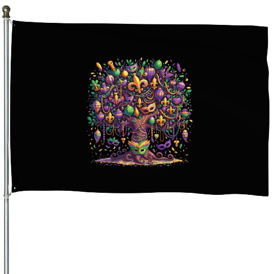 Mardi Gras Tree Beads Carnival Festival House Flags