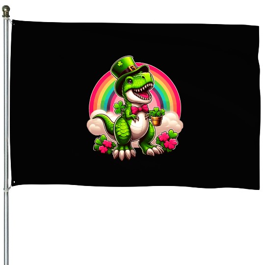 T- Rex Happy St Patricks Day Irish Rainbow Shamro House Flags