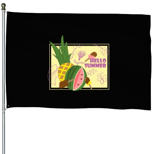 Hello summer fruit ice cream flowers & butterfly House Flags