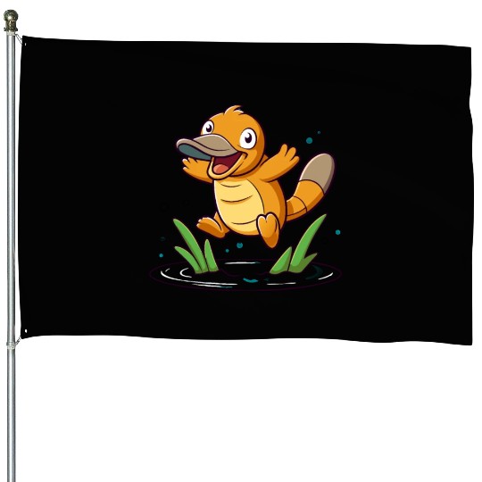 Whimsical Platypus Frolicking in a Pond House Flags