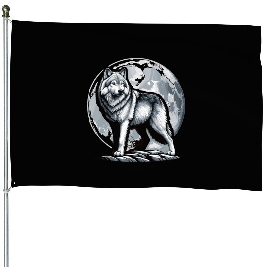 Majestic Moonlit Wolf Illustration House Flags