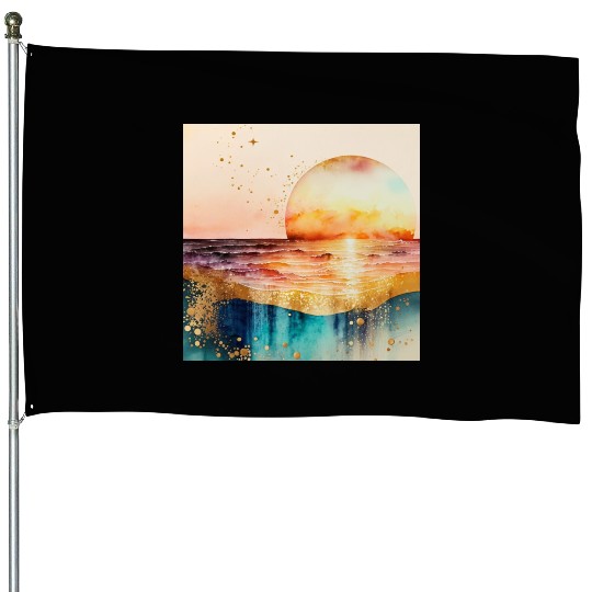 Sunset Beach Watercolor Painting House Flags