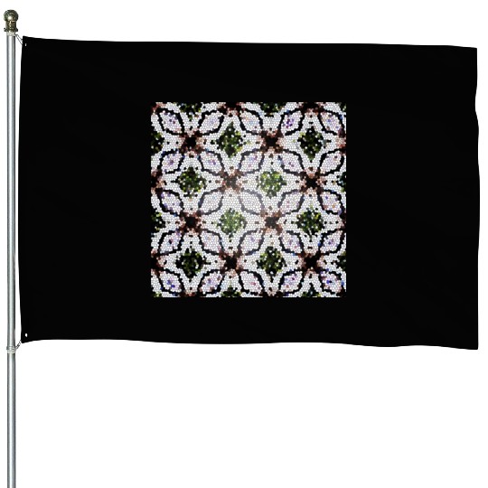 stained glass print in greens and roses House Flags