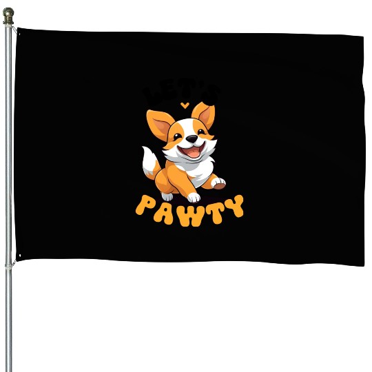 LET'S PAWTY Cute Happy Corgi Dog House Flags