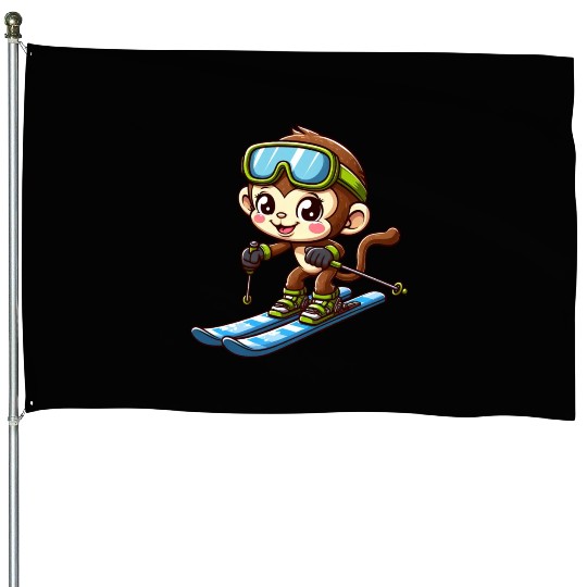 Monkey Chimpanzee Skier Winter Sports Vacation House Flags