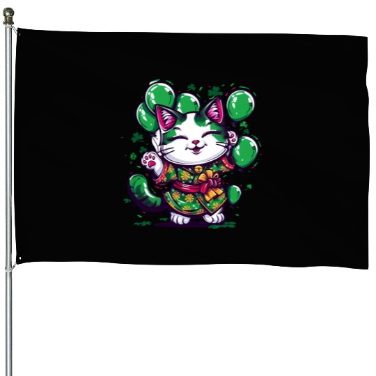 Kawaii St Patricks Day Cat With Balloons House Flags