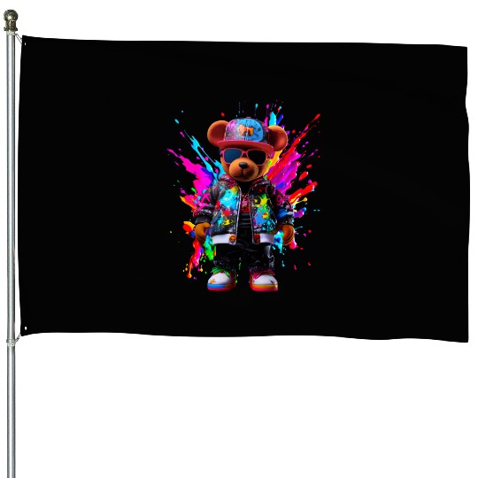 Watercolor Hip Hop Teddy Bear Colorful Splash Art House Flags