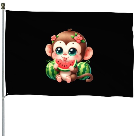 Monkey Eating Watermelon House Flags