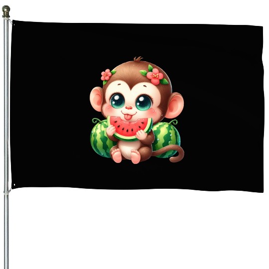 Monkey Eating Watermelon House Flags