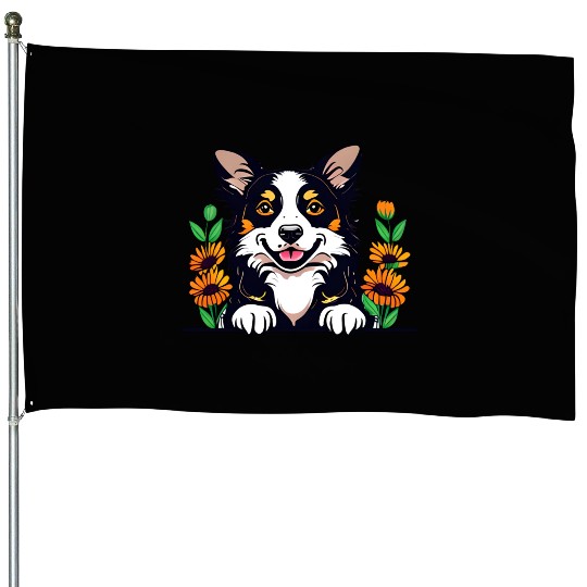 Happy Border Collie Dog With Flowers House Flags