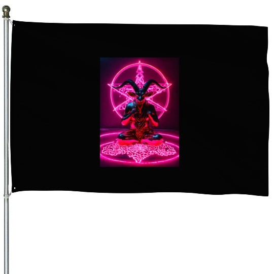 Baphomet made of diamonds and glitter neon light House Flags
