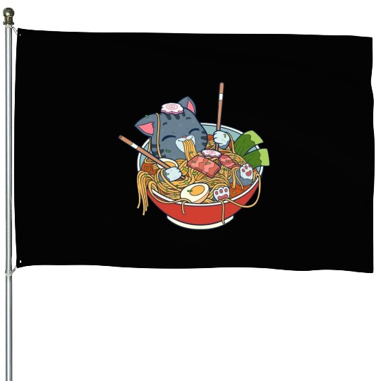 cat eating ramen House Flags