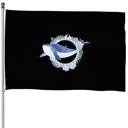 blue whale fish in coral reef in watercolor style House Flags