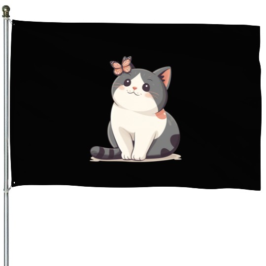 Cute Kawaii Cat and Butterfly House Flags