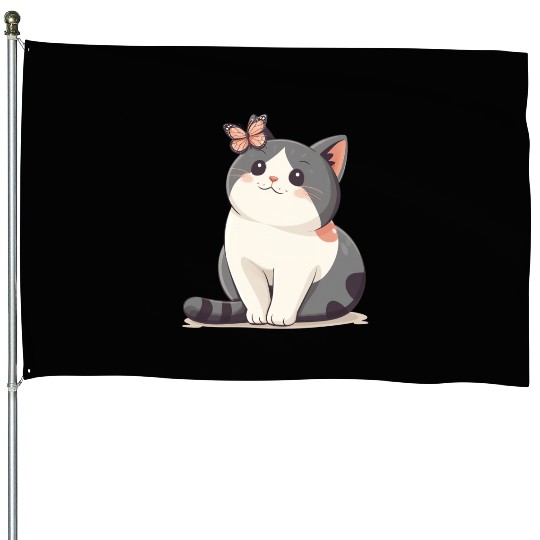 Cute Kawaii Cat and Butterfly House Flags