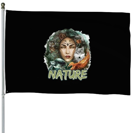 Nature-Inspired Wolf Owl Turtle Phoenix Woman House Flags