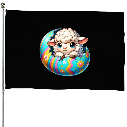 Colorful Lamb Hatching from Easter Egg Cartoon House Flags