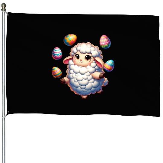 Colorful Easter Egg Juggling Lamb Cartoon House Flags
