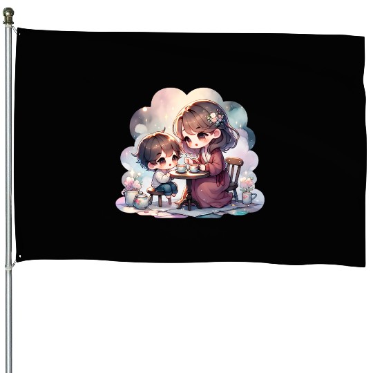 Mother and Son Enjoying a Cozy Tea Party House Flags