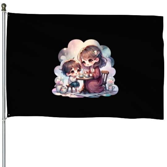 Mother and Son Enjoying a Cozy Tea Party House Flags